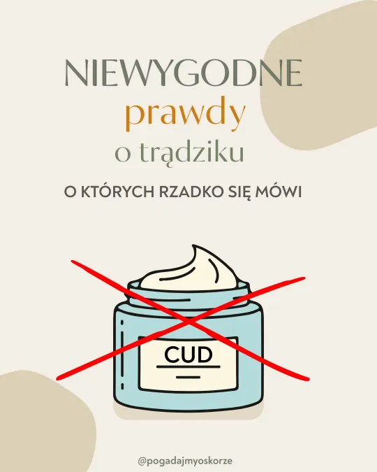 Grafika „Niewygodne prawdy o trądziku, o których rzadko się mówi” - przekreślony słoik kremu z napisem „cud”